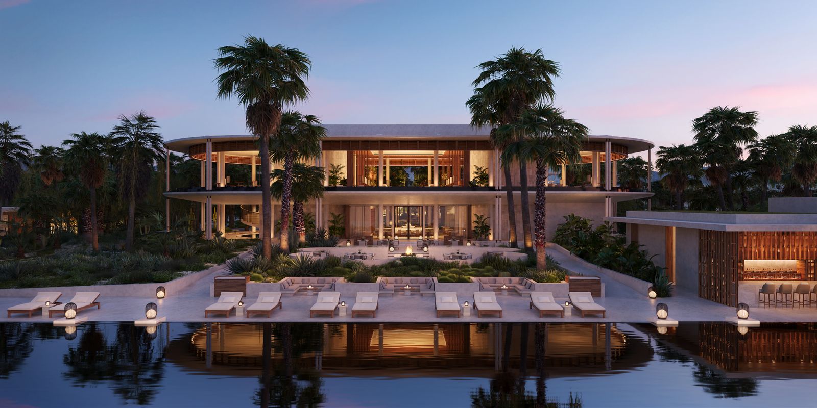 Image may contain Architecture Building House Housing Villa Pool Water Hotel Waterfront Dining Table and Furniture